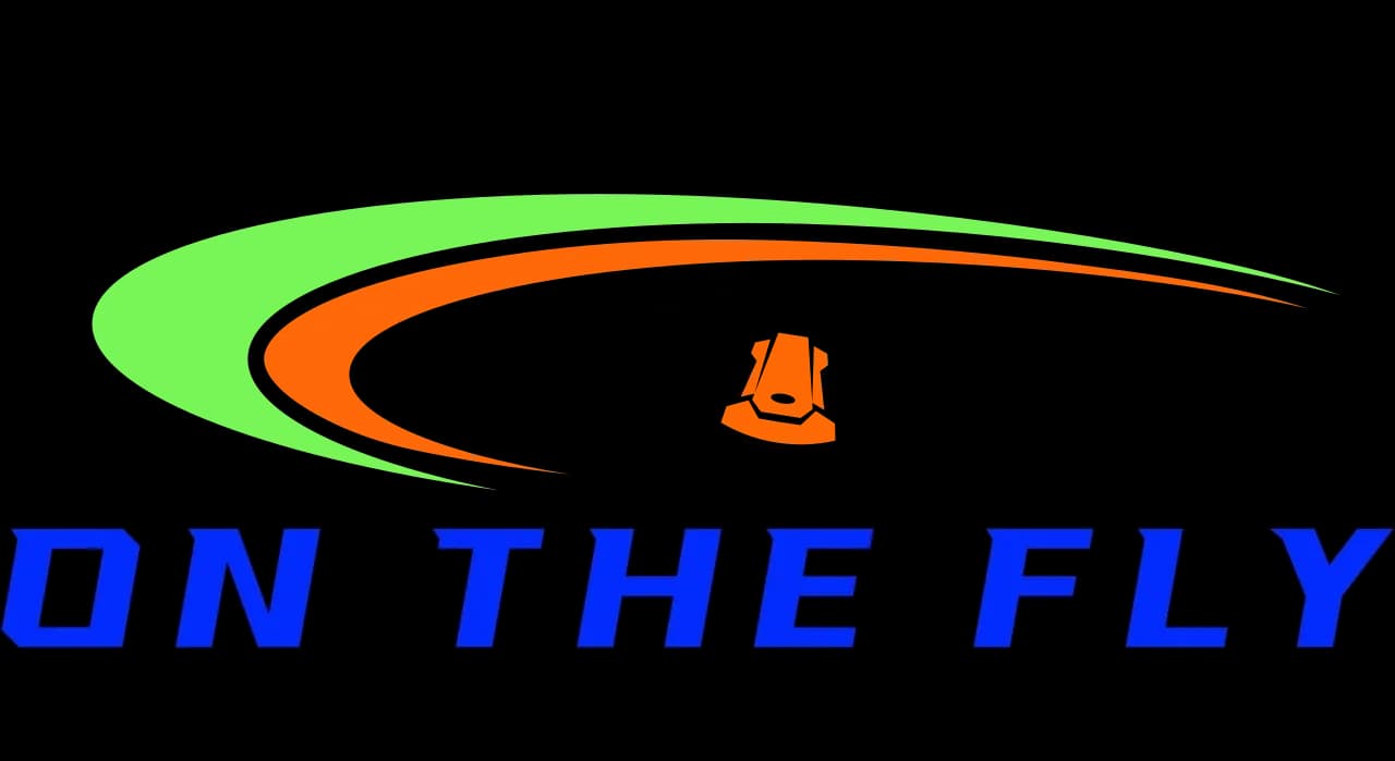 Logo for On The Fly Drone Ops with a green and orange swoosh and blue text reading ON THE FLY