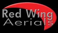 Red Wing Aerials logo with gray text and a red curved wing behind