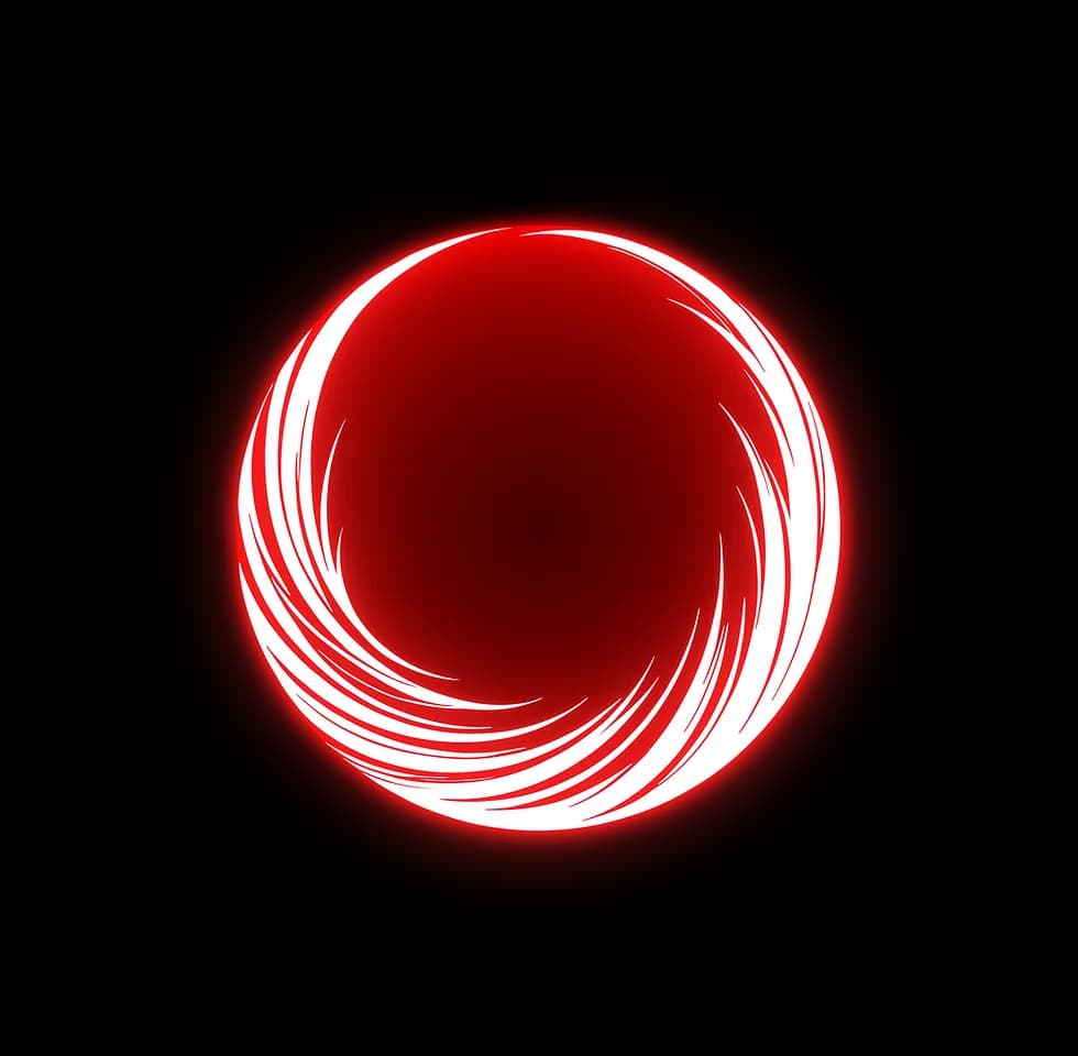 Logo featuring a red circular ring with white swirling lines on a black background