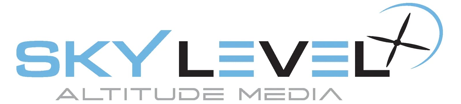 Sky Level Altitude Media logo with blue sky, black level, a right-side propeller and blue arc, Altitude Media