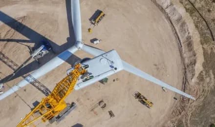 Aerial view of a wind turbine with a yellow crane at its base on a circular construction site