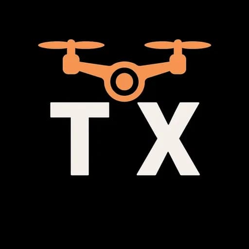 Logo showing an orange drone illustration above white letters TX on a black background