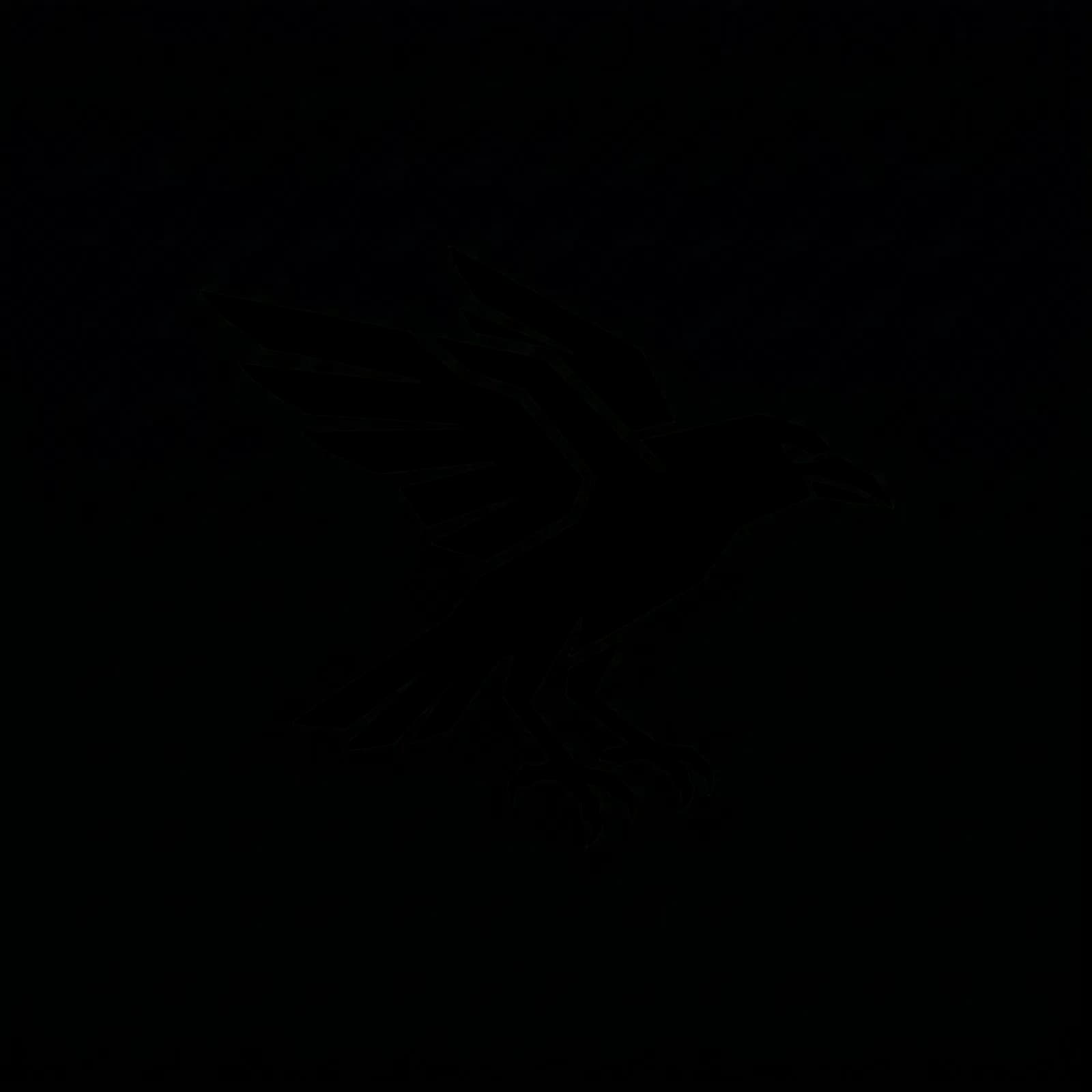 Three-Legged Crow logo: stylized crow outline with spread wings in thin neon lines on dark background