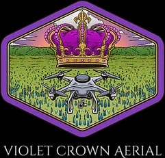 Logo badge with a purple crown above a drone over green fields inside a purple-bordered shield