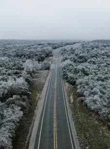 Aerial view of a straight two-lane road flanked by frost-dusted trees