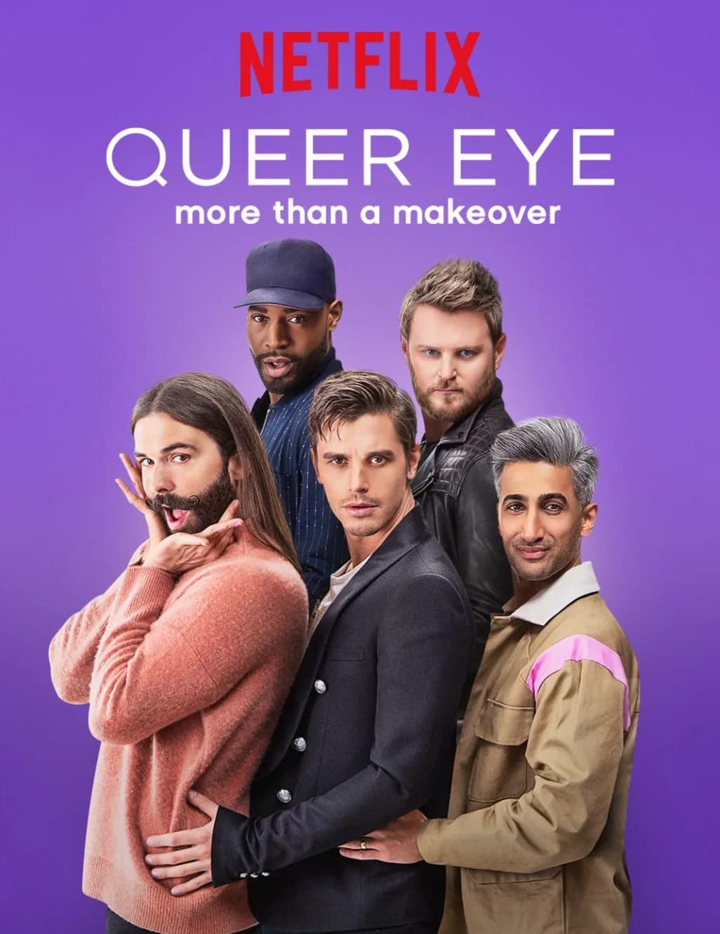 Five men pose against a purple background with Netflix Queer Eye branding and more than a makeover