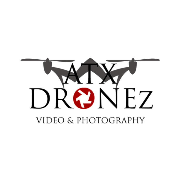 Logo for ATX DRONEz with a drone silhouette, a red circle drone icon in the O of DRONEz, video & photography