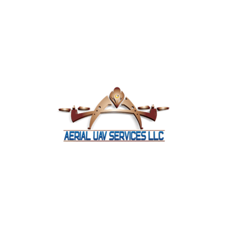 Logo with a gold-brown emblem above a blue line and the blue text Aerial UAV Services LLC