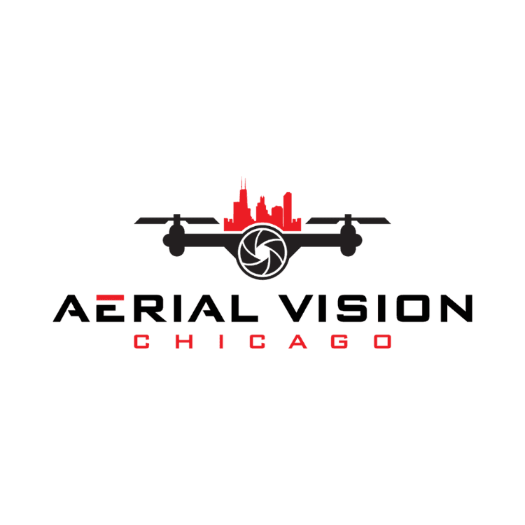 Logo of a drone with a circular shutter, black frame, red skyline, and Aerial Vision Chicago text