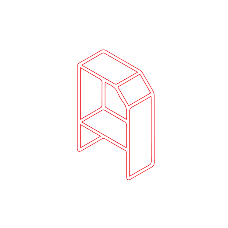 Logo in red isometric line drawing of a geometric frame with vertical supports and two interior shelves