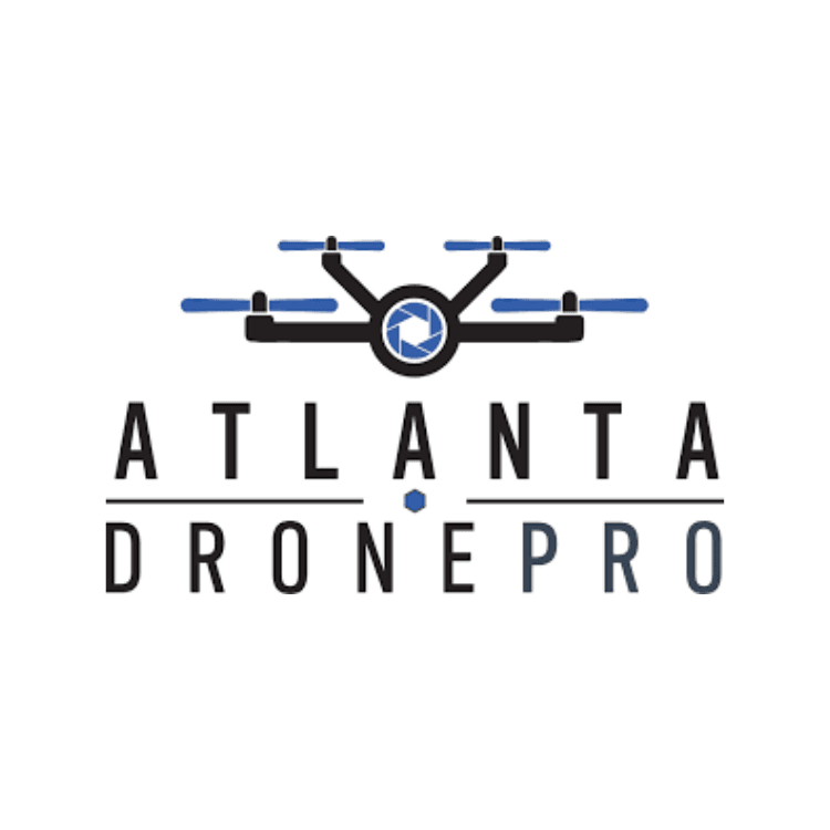 Logo for Atlanta Drone Pro featuring a black drone icon with blue propellers above the text Atlanta Drone Pro