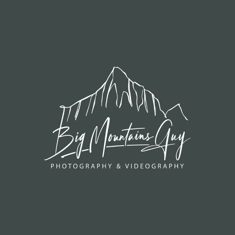 Logo featuring a white mountain sketch and the text Big Mountains Guy, photography & videography
