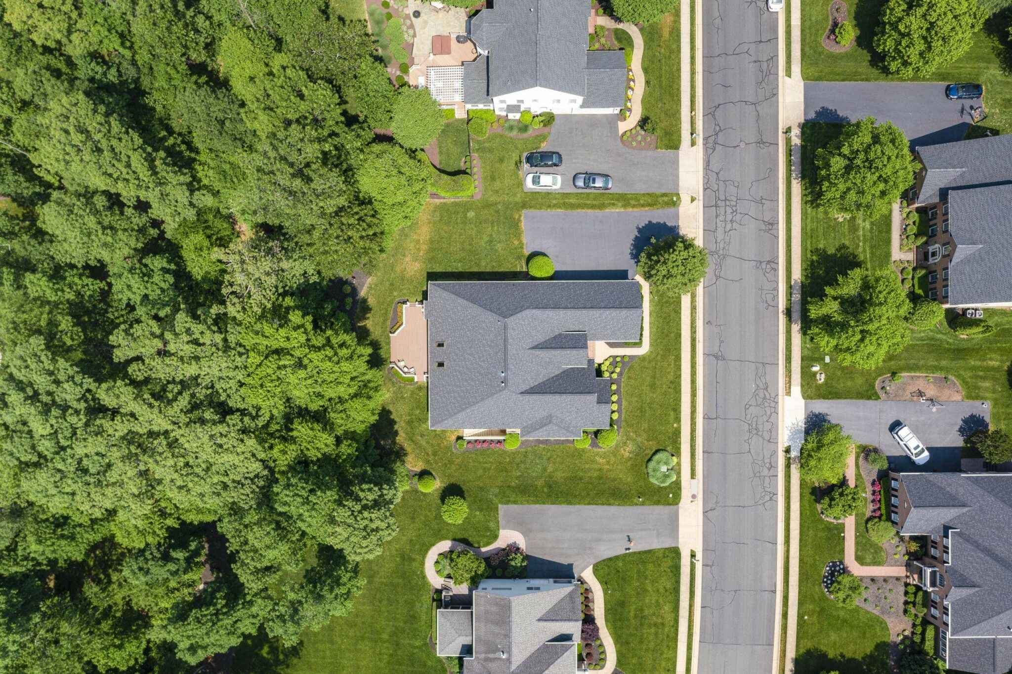 Aerial view of a suburban street with grey-roofed houses, driveways, lawns, and dense trees on the left