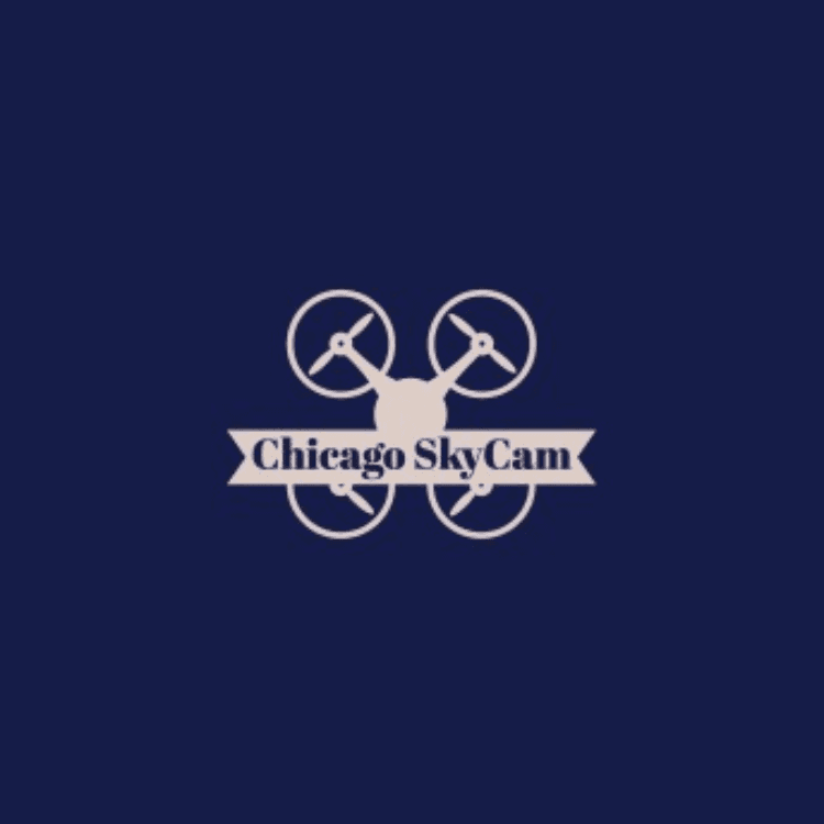 Logo with beige drone propeller circles and a ribbon banner reading Chicago SkyCam on navy background