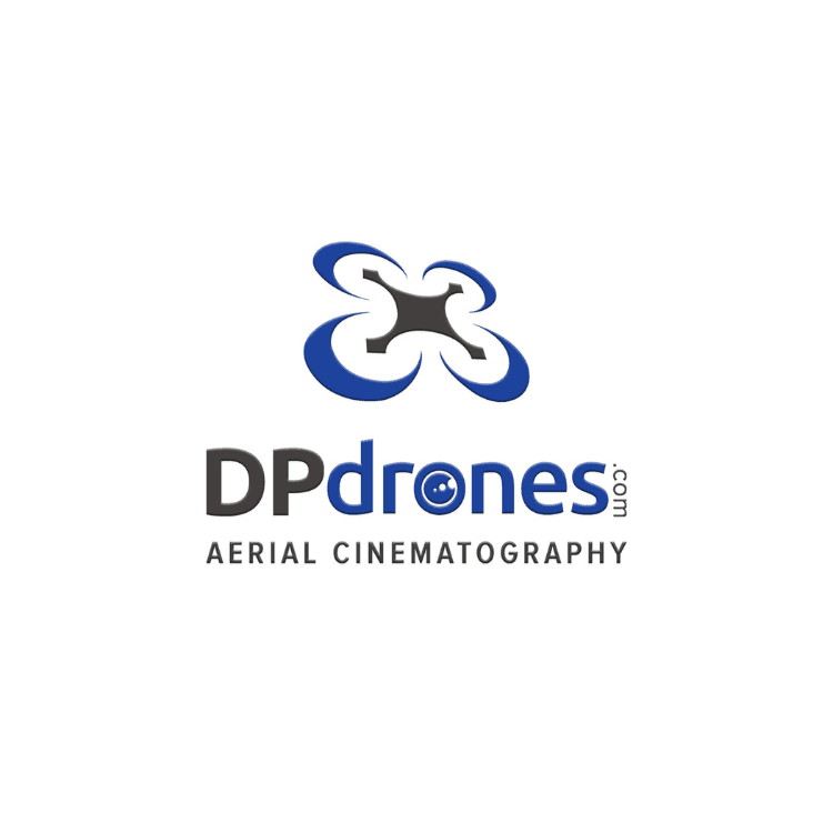 Logo for Dpdrones with a blue abstract propeller symbol and the text dpdrones.com aerial cinematography