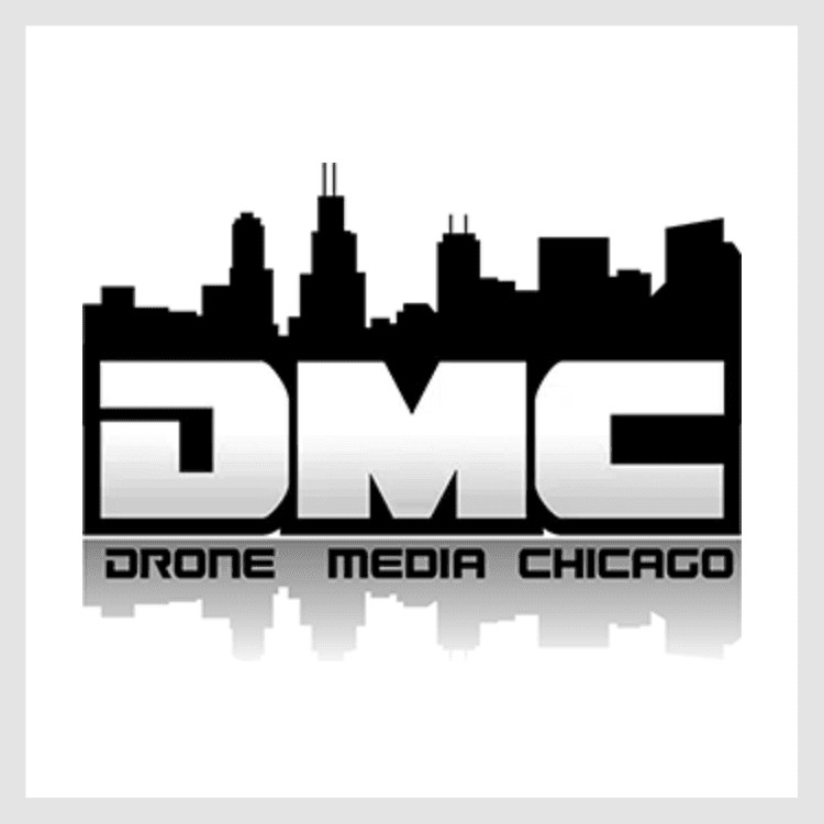 Logo for Drone Media Chicago featuring a black city skyline above bold DMC letters and a gray reflection