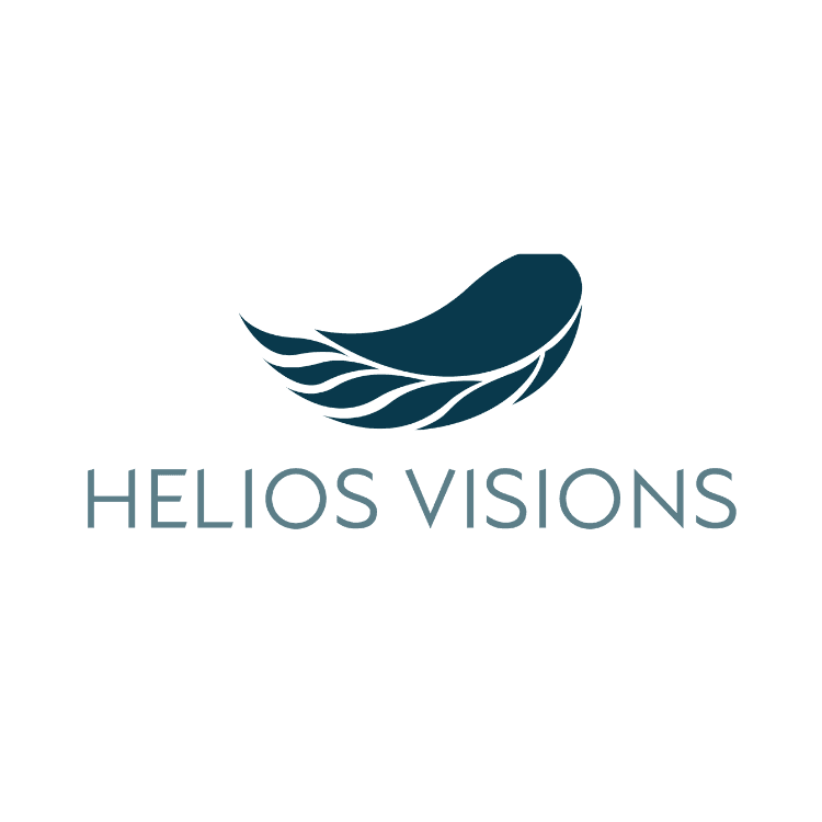 Logo with a dark teal curved wing above the text Helios Visions