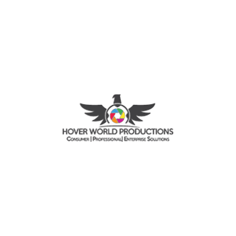 Hover World Productions logo with wings and a colorful circular emblem