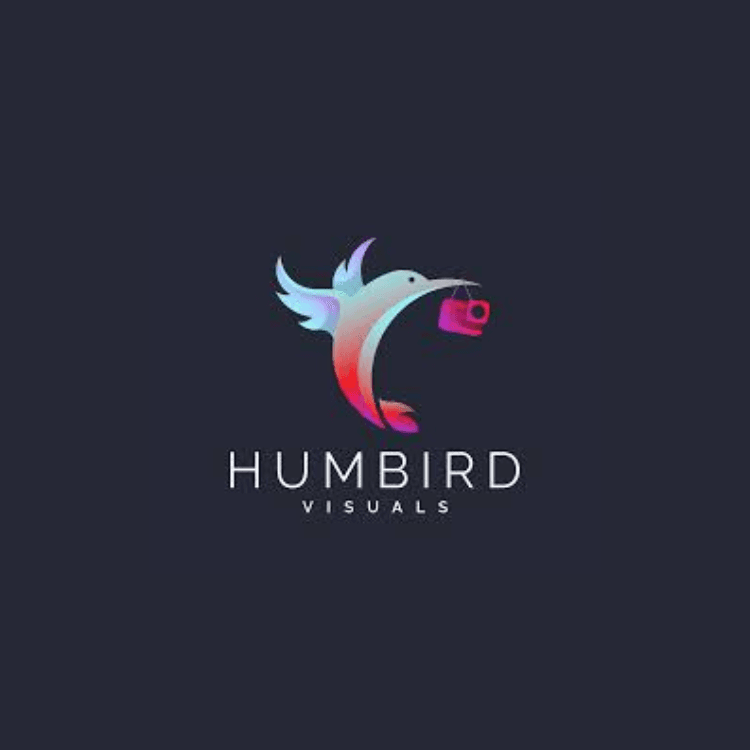 Logo of a colorful stylized hummingbird holding a pink camera, with Humbird visuals text beneath