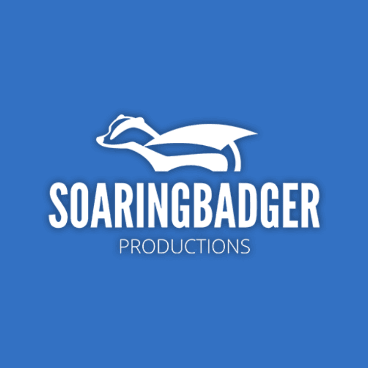 Logo for Soaring Badger Productions with a white stylized badger graphic above the text on a blue background