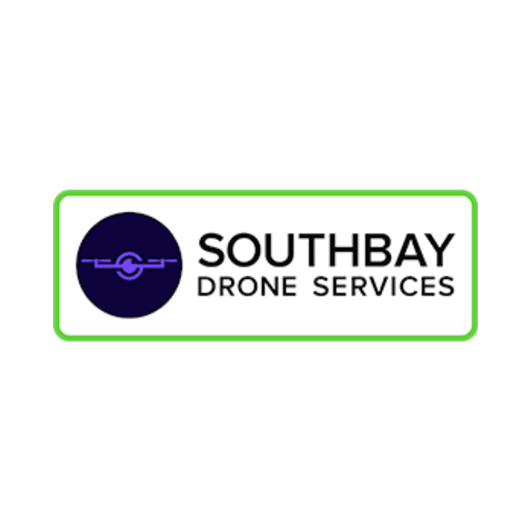 Southbay Drone Services logo with blue circle, purple drone icon and black text on white with a green border