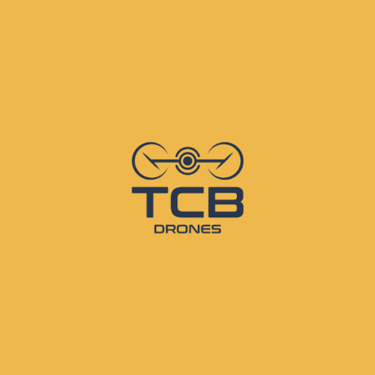Logo for TCB Drones featuring a stylized drone icon above the TCB and DRONES text on a mustard background