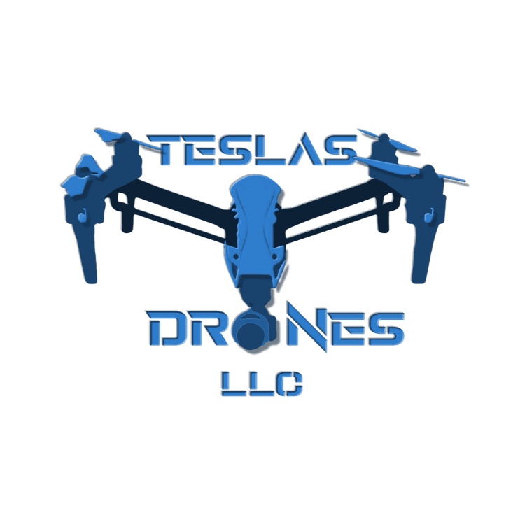 Logo showing a blue quadcopter drone with four arms and propellers, and the text Teslas Drones LLC