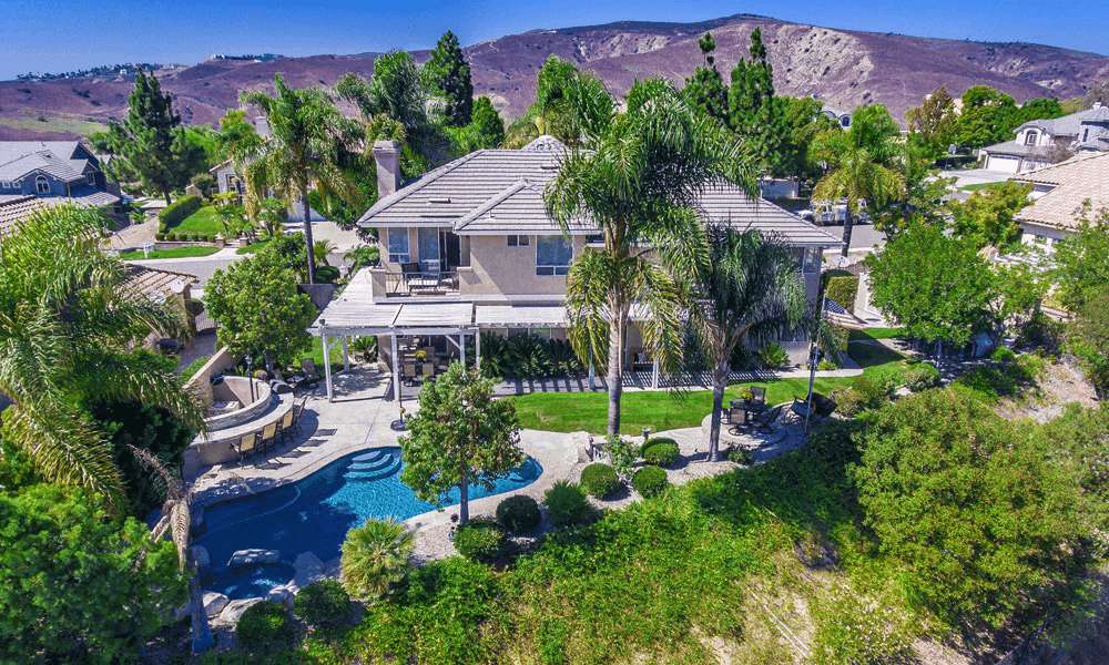 Aerial view of a two-story house with a curved pool, palm trees, and a manicured backyard