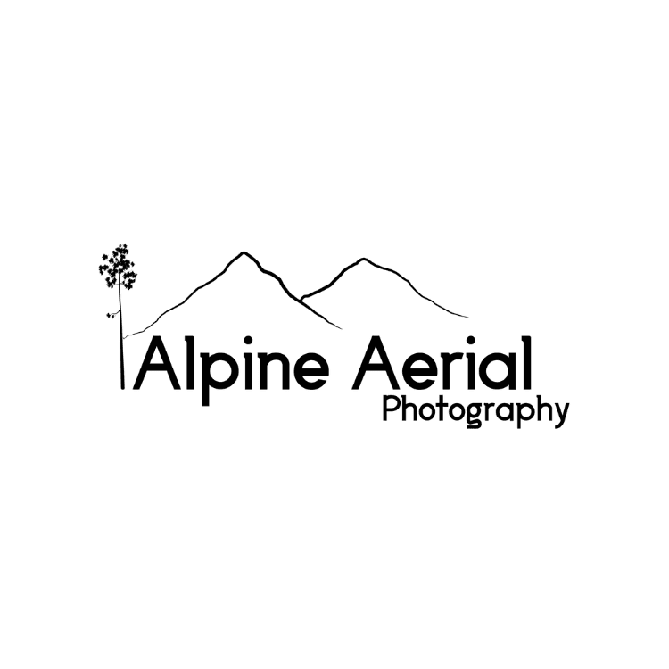 Logo with a mountain silhouette, a tall tree on the left, and the text Alpine Aerial Photography