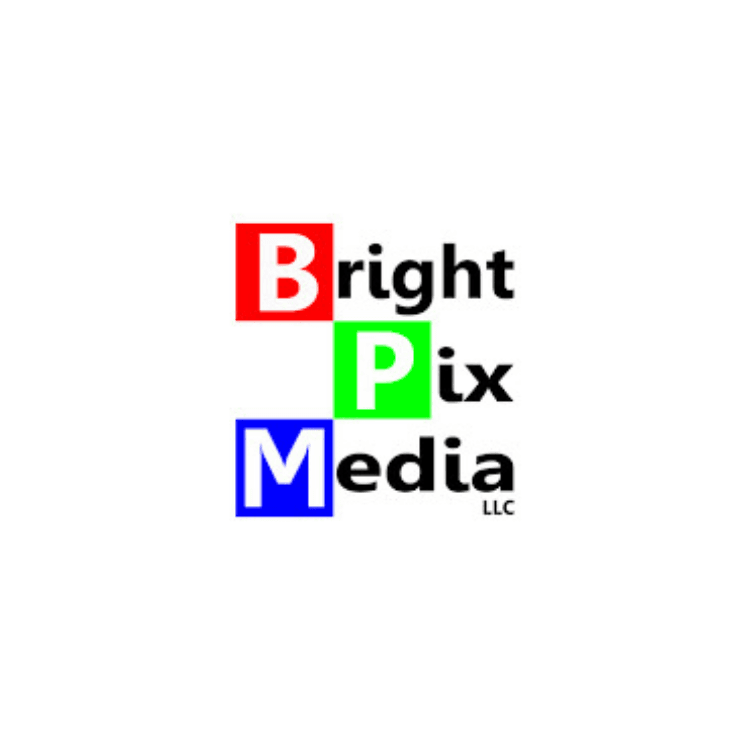 Logo for Bright Pix Media LLC featuring red B block, green P block, blue M block with black text