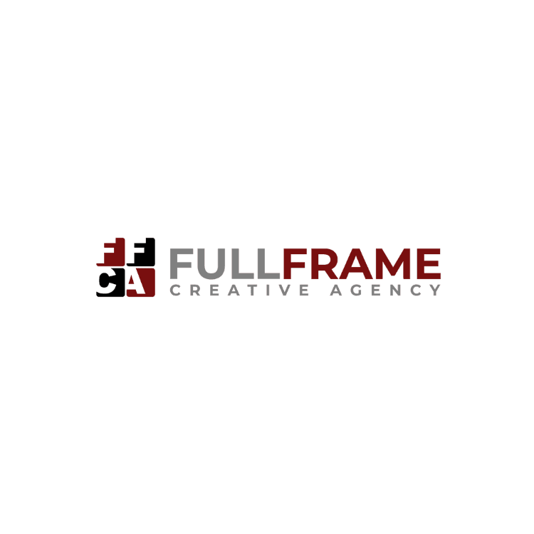 Logo for Full Frame Creative Agency featuring a stacked four-square icon and gray and red wordmark
