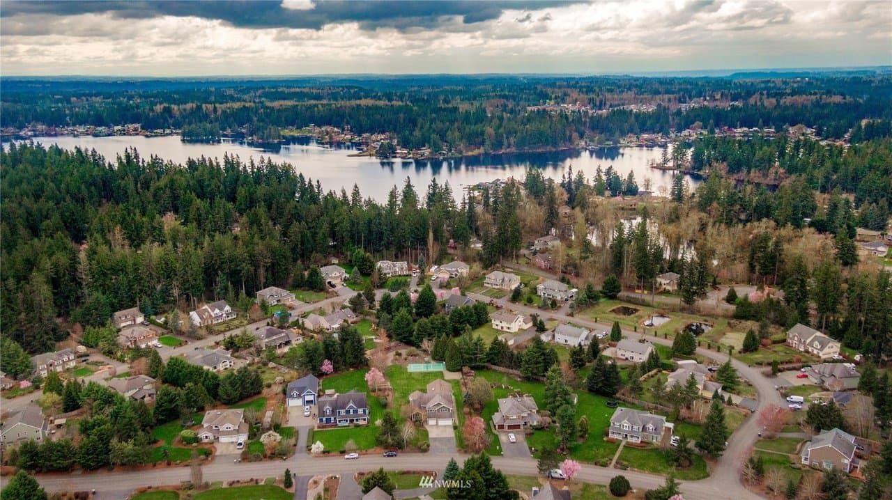 Aerial view of a residential neighborhood surrounded by trees, with a lake in the background