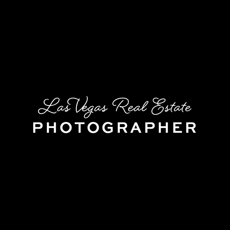 Logo with white cursive Las Vegas Real Estate above white bold PHOTOGRAPHER on a black background