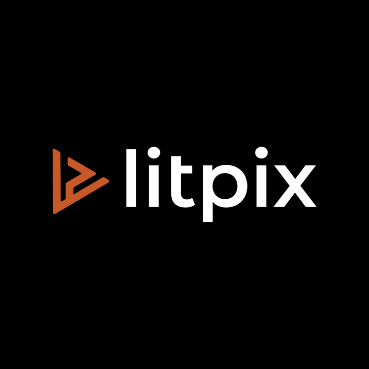 Litpix logo with an orange geometric mark and white text on a black background