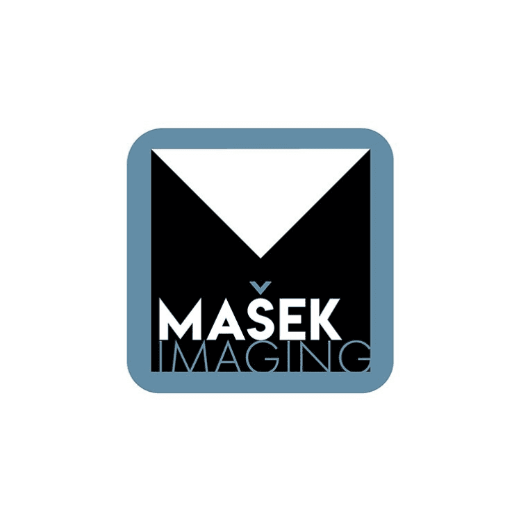 Logo for Masek Imaging inside a rounded blue square border with black interior and white chevron above text