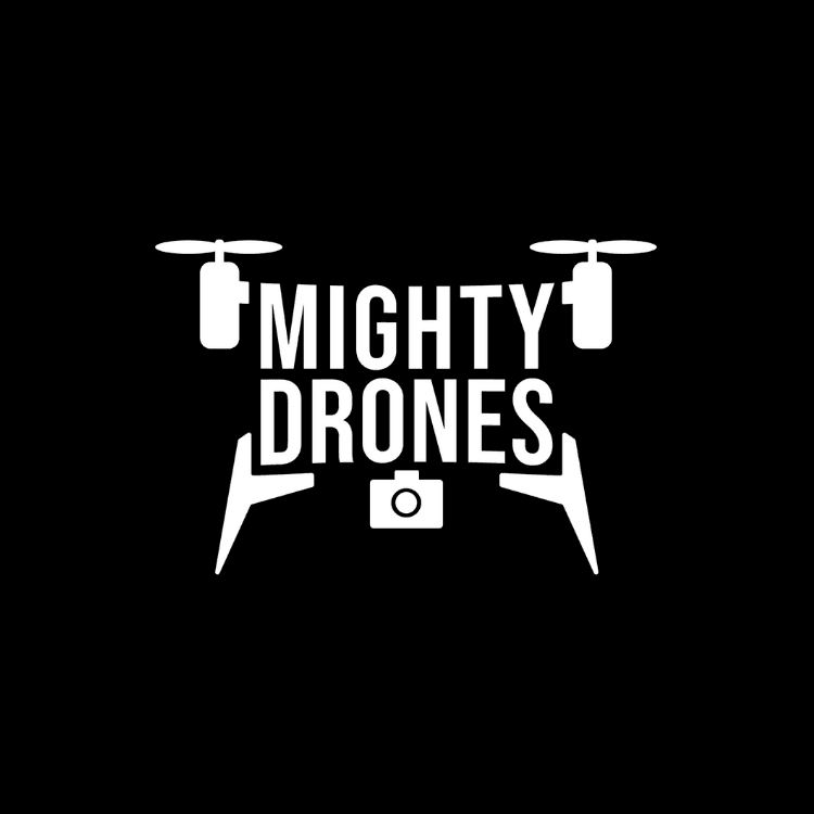 Logo for Mighty Drones featuring two drone icons above bold text and a camera icon between stylized legs