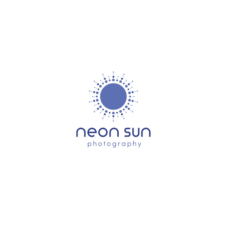 Logo for Neon Sun Photography featuring a blue sun with dotted rays and the text neon sun photography