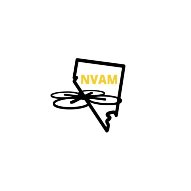 Logo with a stylized Nevada outline and a drone propeller motif, featuring yellow NVAM letters