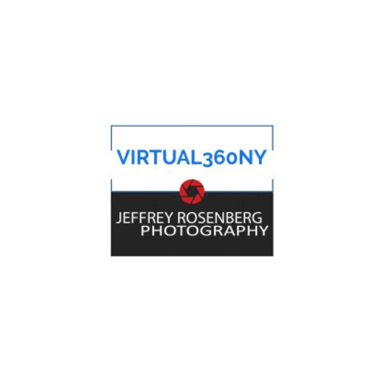Logo with blue VIRTUAL360NY above a black panel reading JEFFREY ROSENBERG PHOTOGRAPHY and a red aperture icon