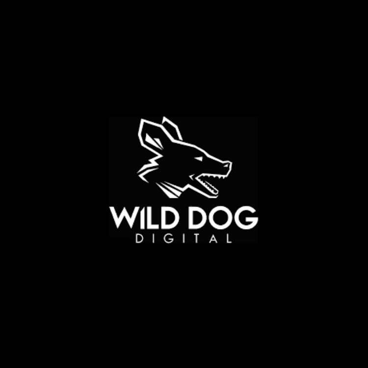 Logo for Wild Dog Digital with a white geometric dog head on a black square and the text Wild Dog Digital